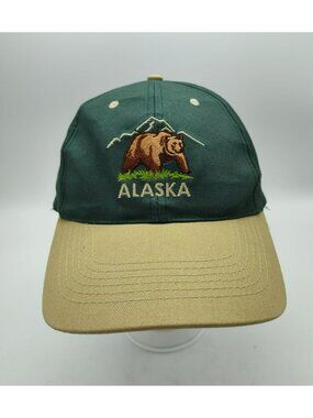 Alaska Bear Embroidered Snapback Cap Hat Alaska Shirt Co. Green Crown Tan Bill